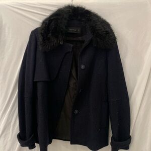 Zara navy blue with black faux fur collar coat jacket sz med